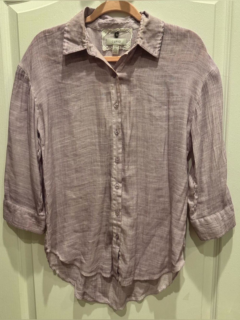 CUPIO Lavender Linen Button Down 3/4 Sleeves Shirt Small